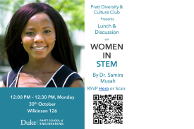 Image of Samira Musah, who will be leading a discussion on women in STEM. QR code to register for event is also included.